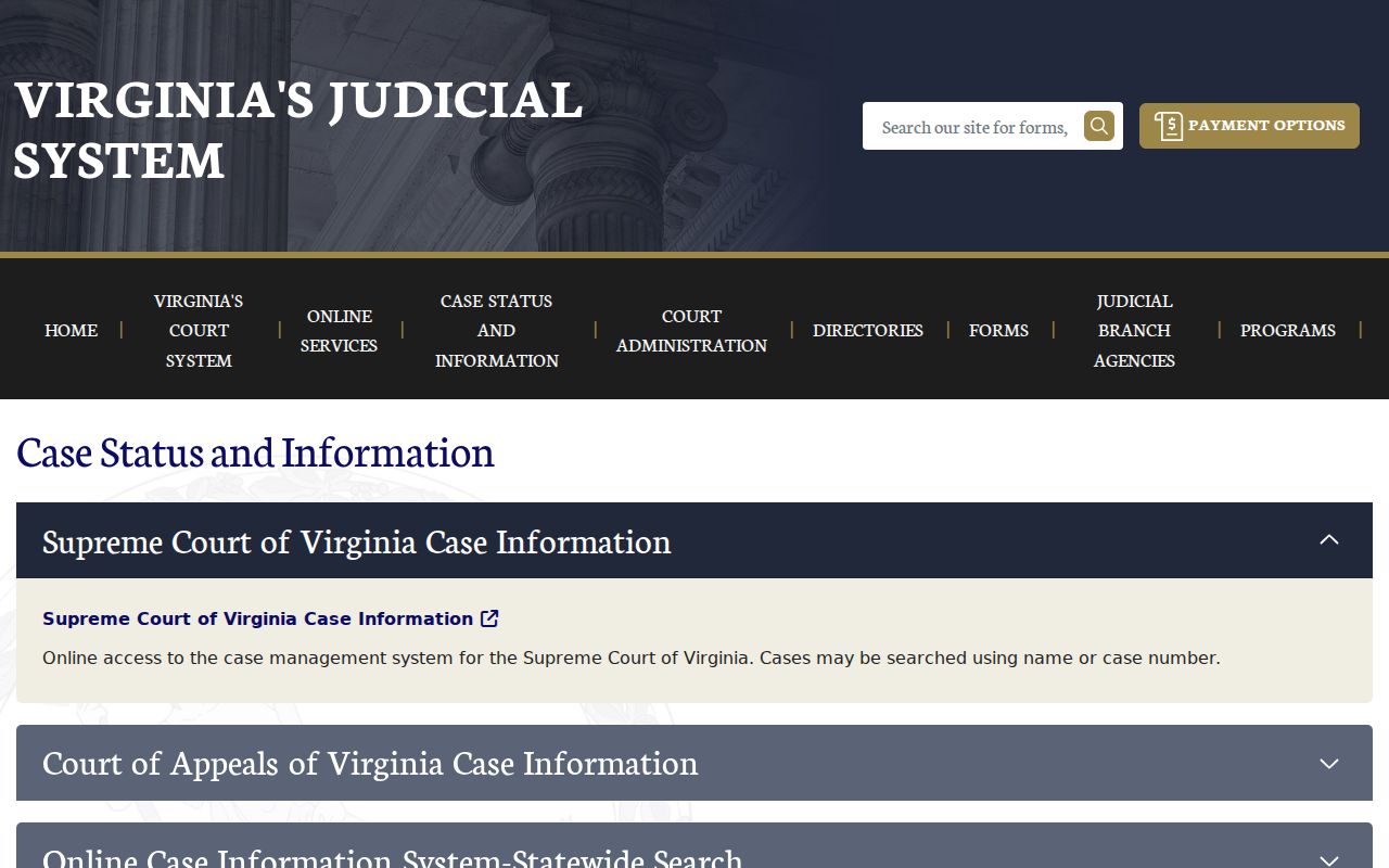 Spotsylvania County criminal court case choices at the Virginia Judiciary gateway