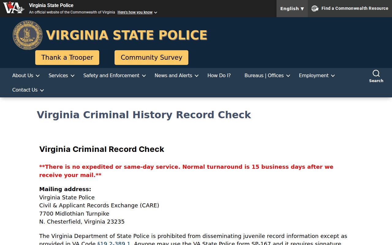 Spotsylvania County criminal history Virginia SP-167 instructions