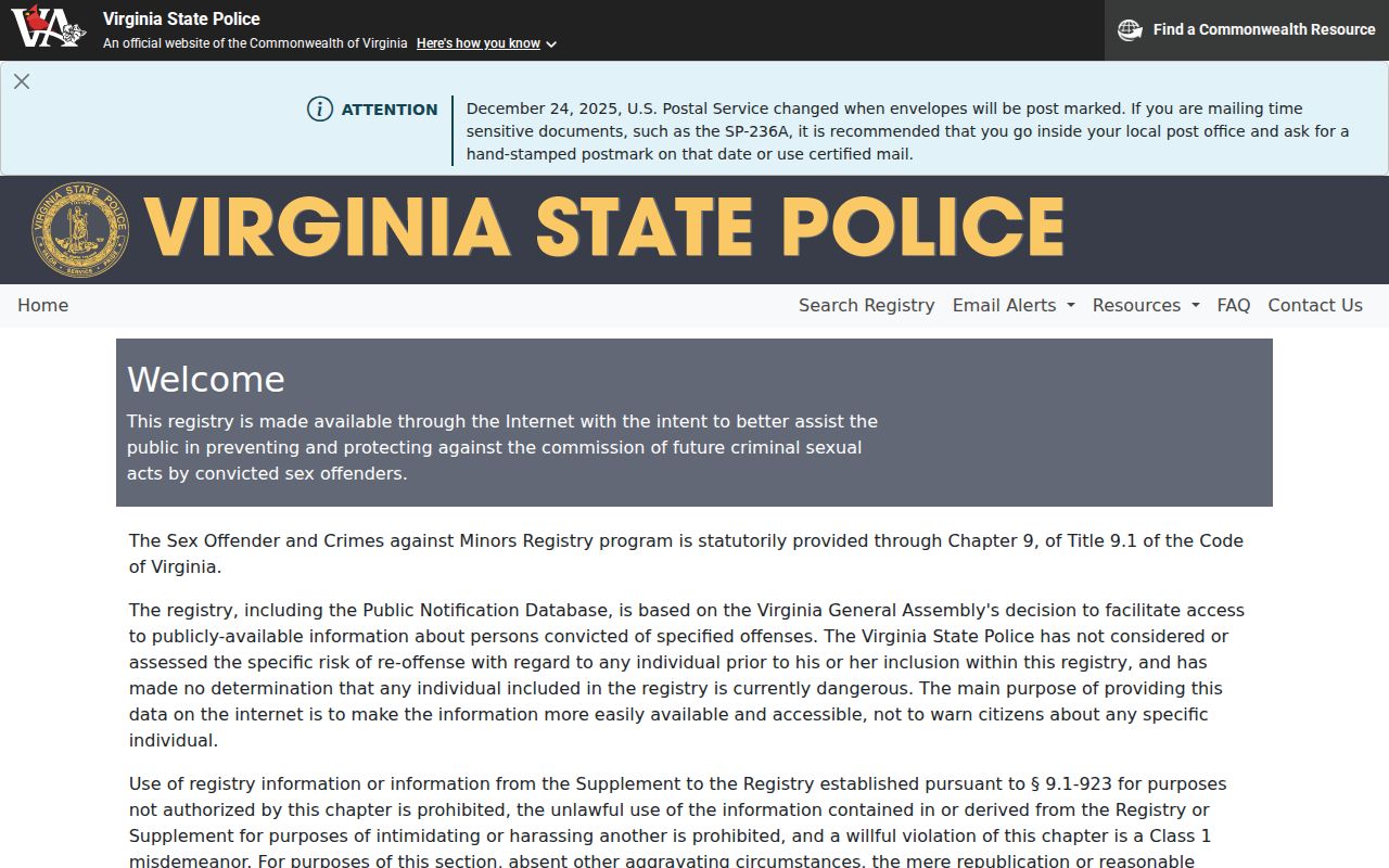 Spotsylvania County sex offender registry search on the Virginia public portal