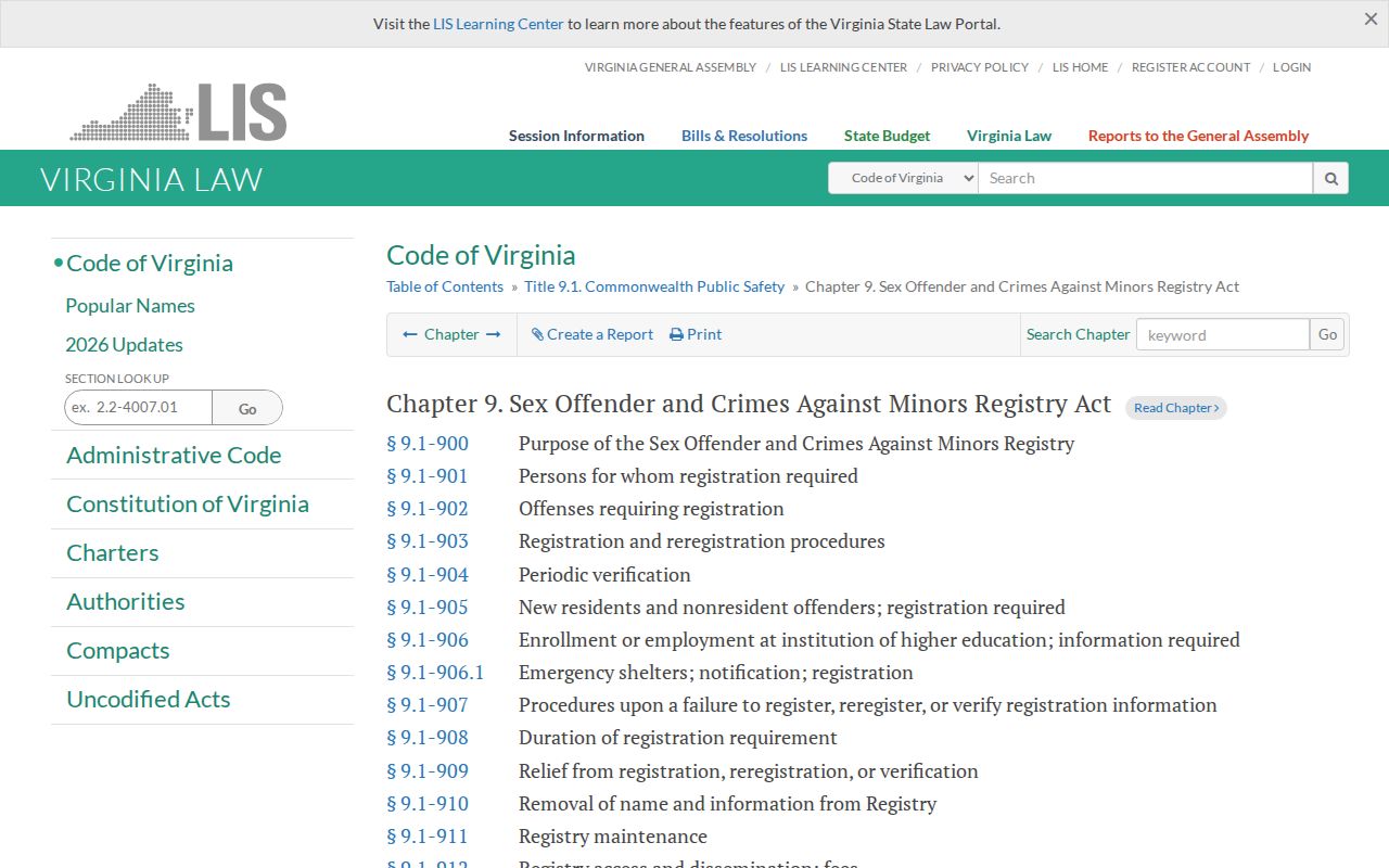 Virginia registry statute used for a Spotsylvania County sex offender check